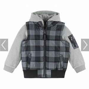Andy & Evan Boys Buffalo Check Hoodie Vest Combo Jacket, Black/Gray, Size 12